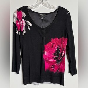 White House Black Market Black and Pink Floral Cardigan Size M